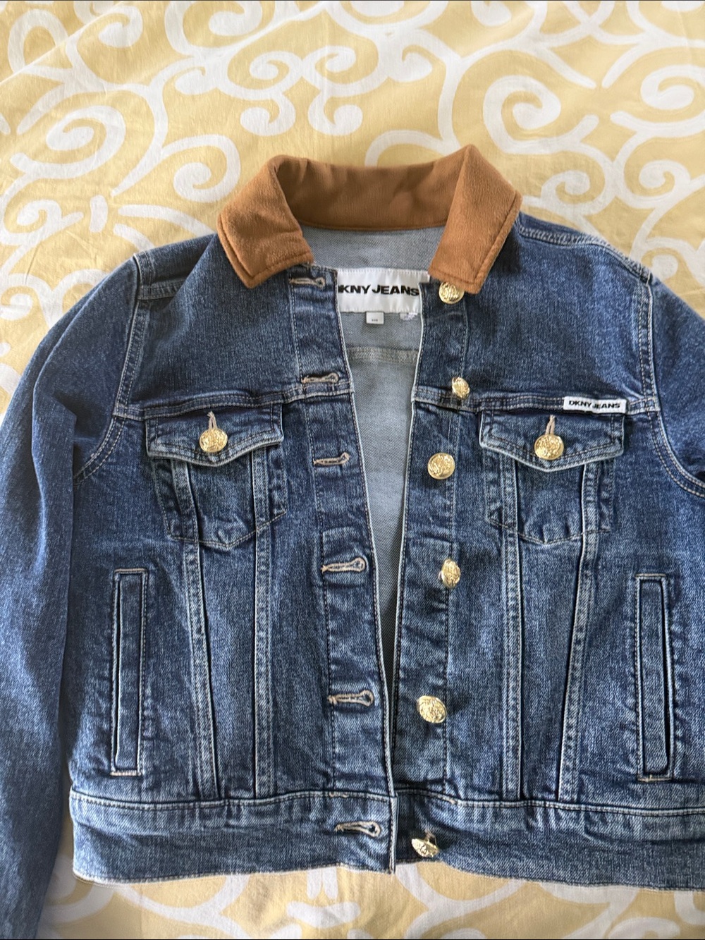 DKNY Two-Tone Denim Jacket with Brown Cord Collar
